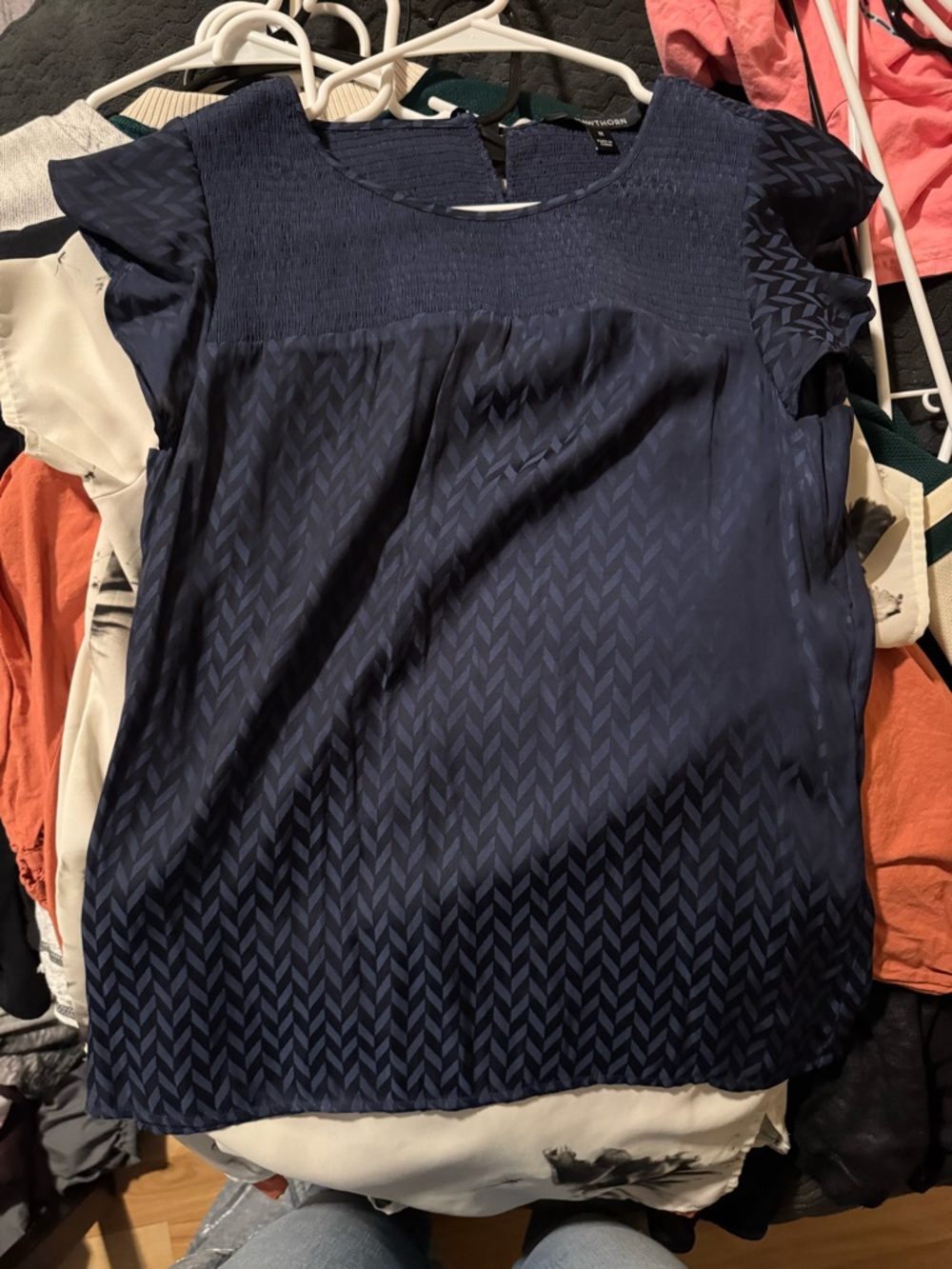 41 Hawthorn Navy Chevron Satin Smocked Yoke Blouse